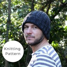 a man wearing a knitted hat in front of trees with the words knitting pattern below it