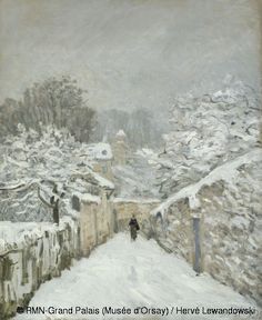 a painting of people walking down a snow covered path in the distance is a fence and trees