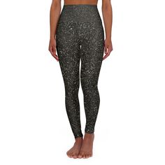 These skinny fitting high-waisted yoga leggings will take you from workout to store run in comfort and style. They are fully customizable with an all-over print that adds an instant pop to any athleisure wardrobe. Note: Runs small, consider sizing up! .: 83% Polyester, 17% Spandex .: Skinny fit .: Outside seam thread is color-matched to design .: Interior white seam thread .: Double layer waistband .: NB! May appear slightly see-through when stretched. Some of the undyed white underneath materia Sparkle Leggings, Athleisure Wardrobe, Unique Leggings, High Waisted Yoga Leggings, Womens Leggings, Black Sparkle, Outfits With Leggings, Yoga Leggings, Black Leggings