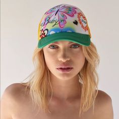 Dream Of Paradise In This Summery Trucker Hat Featuring A Graphic Airbrush Front. Fitted With Mesh Back Panels And An Adjustable Snap Closure. Content + Care - 100% Polyester - Spot Clean - Imported Playful Green Sun Hat For Spring, Adjustable Short Brim Trucker Hat For Spring, Fun Multicolor Trucker Hat For Beach, Retro Spring Bucket Trucker Hat, Fun Multicolor Spring Hat, Trendy Green Baseball Cap For Spring, Retro Curved Brim Trucker Hat For Spring, Retro Trucker Hat With Curved Brim For Spring, Spring Trucker Hat With Short Brim