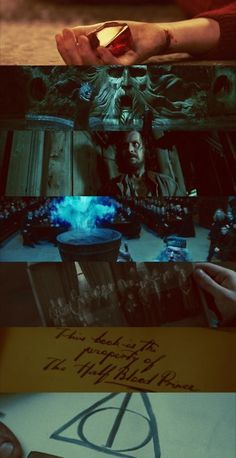 the poster for harry potter's deathly hall is shown in three different frames