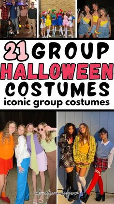 group halloween costumes for adults and children with text overlay that reads, 21 group halloween costumes iconic group costumes