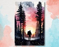 a painting of a person walking in the woods at sunset with trees and watercolor splashes