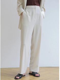 CASUAL SOLID EMPIRE WIDE LEG PANTS - rrdeye Fitted Straight Pants In Solid Color, Fitted Full Length Wide Leg Pants In Solid Color, White Wide Leg Full Length Pants For Office, White Full-length Wide Leg Office Pants, Elegant Solid Color Plain Pants, White Full Length Wide Leg Pants For Office, Elegant Plain Solid Pants, Elegant Plain Pants, Plain Wide Leg Bottoms For Workwear