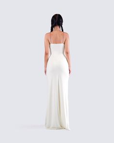 Exude a type of elegance that will make everyone swoon over you with this ivory cowl maxi dress ✨ Crafted from silky knit jersey fabric that's fully lined, and complete with a bodycon fit, adjustable clear illusion straps, and a pull-on style for a sleek and sexy look 🤍 Fitted Maxi Dress With Cowl Back For Gala, White Cowl Back Evening Dress, White Fitted Dress With Cowl Back, Evening Bodycon Maxi Slip Dress, Bodycon Maxi Length Evening Slip Dress, White Bias Cut Floor-length Slip Dress, Bodycon Maxi Length Slip Dress For Evening, Elegant Cowl Neck Maxi Dress For Gala, Elegant Maxi Dress With Cowl Neck For Gala