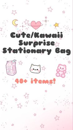 cute kawaia surprise stationery bag 40 items on pink and white background with stars