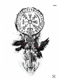 a drawing of two black birds flying next to a clock with arrows and compasses on it