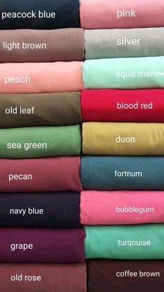 many different colored sheets stacked on top of each other with the names of their colors