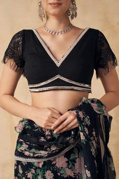 Shop for Sakshi Girri Black Organza Pre-draped Saree With Blouse for Women Online at Aza Fashions Ruffle Saree, Drape Saree, Embellished Blouse, Floral Prints Pattern, Blouse For Women, Lace Hem, Blouse Online, Saree With Blouse, Printed Sarees