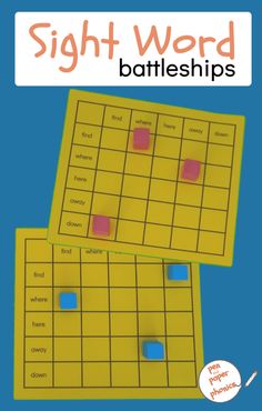 two yellow and blue squares with the words sight word battles on them, next to each other