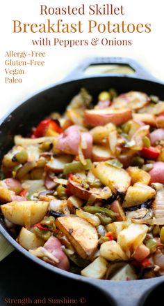 the cover of roasted skillet breakfast potatoes with peppers and onions by elizabeth - free vegan