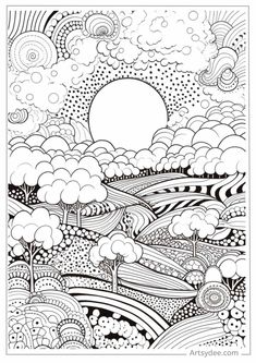 an adult coloring page with trees and clouds