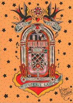 a drawing of an old fashioned juke box with two birds on top and stars around it