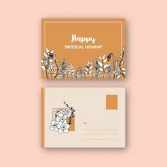 an orange and white business card with flowers on the front, and a happy tropical moment in