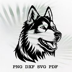 a black and white wolf head with the words png dxf svg