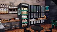 the interior of a starbucks coffee shop with tables, chairs and shelves filled with drinks