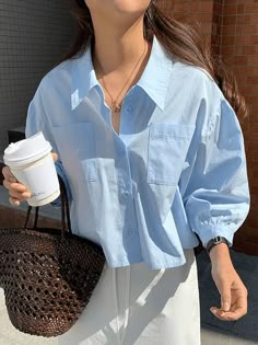 $34.99 Baby Blue Top Outfit, Blue Blouse Outfit, Sky Blue Outfit, Baby Blue Shirt, Fashion Top Outfits, Trendy Dress Outfits, Casual Shirt Women, Quick Outfits, Aesthetic Shirts