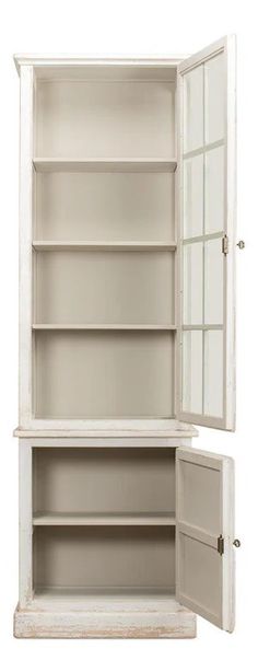 an open white cabinet with two doors and shelves on the front, one door opened