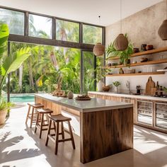 a kitchen with an island and lots of plants