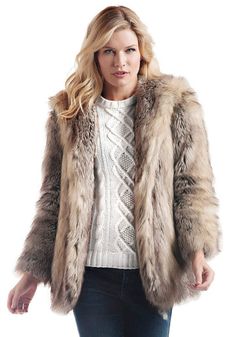 Grey Fox Faux Fur Hooded Coat - Donna Salyers Fabulous-Furs Hooded Outerwear With Faux Fur Trim, Fall Faux Fur Coat With Detachable Hood, Hooded Fur Coat With Faux Fur Trim For Fall, Fall Hooded Fur Coat With Faux Fur Trim, Faux Fur Coat With Detachable Hood, Fall Faux Fur Hooded Coat, Fall Hooded Faux Fur Coat, Hooded Mink-colored Faux Fur Outerwear, Hooded Faux Fur Coat With Trim