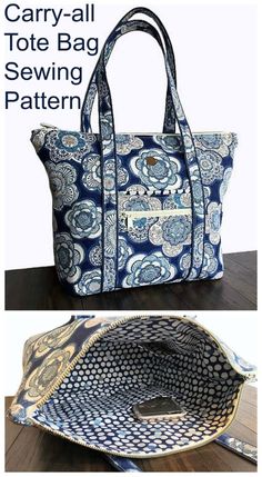 the carry - all tote bag sewing pattern is shown in blue and white paisley print