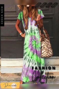 Short Sleeve A-line Ombre/tie-dye Dresses Casual Flowy Tie-dye Dress, Spring Tie Dye Flowy Maxi Dress, Casual Flowy Tie Dye Dress, Spring Gradient Maxi Dress, Casual Tie-dye Maxi Dress For Spring, Casual Tie Dye Maxi Dress For Spring, Spring Beach Dresses In Gradient Colors, Gradient Spring Vacation Dress, Spring Vacation Gradient Dress