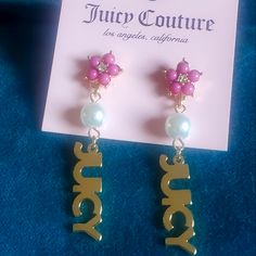 Juicy Couture Earrings Gold-Tone Pearl Dangle Juicy- Logo Pink Flower Brand New Trendy Pink Flower Drop Earrings, Chic Pink Flower Earrings Gift, Nicki Aesthetic, Couture Earrings, Juicy Couture Earrings, Blue Gemstone Earrings, Flower Branding, Juicy Couture Purse, Crystal Heart Earrings