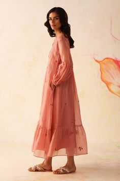 Peach chanderi dress with tiered panels, side pockets and floral hand embroidery. Comes with a cotton mul slip. - Aza Fashions Peach Floral Dress, Chanderi Dress, Long Gown Design, Casual Frocks, Simple Frocks, Frock For Women, Kurta Dress, Peach Dress, Designer Dresses Casual