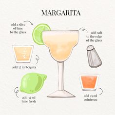 the ingredients for margarita are shown in this graphic style, including limes and orange juice