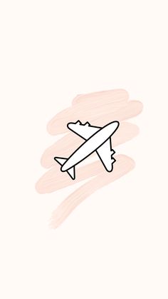 an airplane is flying in the sky on a pink and beige background with some clouds