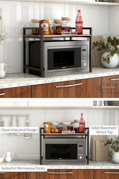 two pictures showing different types of microwaves in the kitchen and on the counter top