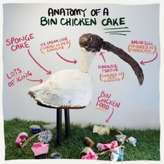 an anatomy of a chicken cake sitting on top of a green grass covered field next to a white wall