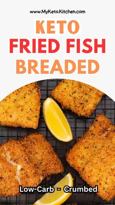 keto fried fish breaded on a grill with lemon wedges