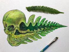 a drawing of a green fern with a skull on it