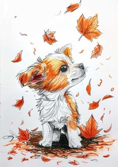 a drawing of a small dog surrounded by leaves