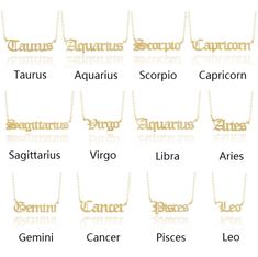 zodiac sign necklaces with names in gold and silver, on a white background - choose from