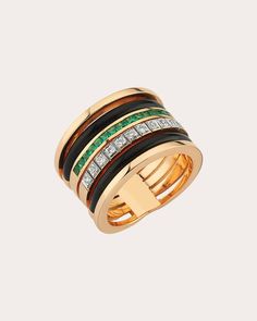 A work of wearable art, the Muse ring crafts its multi-row design from radiant 14-karat rose gold. Central bands of green tsavorites and white diamonds are flanked on either side with inlaid black enamel for a dimensional effect. From Melis Goral's Matisse Collection, an artful ode to the French painter's lasting legacy. 14k rose gold, onyx, tsavorite and diamond Carat: 0.11 ctw diamond, 0.36 ctw gemstone Diamond color: G Diamond clarity: VS Polish with soft cloth Diamonds sourced from India Mad The Muse, Ring Crafts, Diamond Carat, Diamond Color, White Diamonds, Diamond Clarity, Black Enamel, Diamond White, Rose Gold Ring