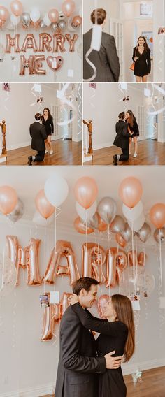 a couple kissing in front of balloons and letters