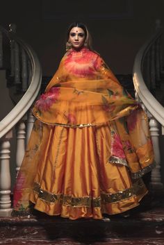 Orange Taffeta Silk Lehenga Set with Dupatta - Ria Fashions Silk Lehenga Blouse, Orange Lehenga, Indian Bridesmaids, Mirror Work Lehenga, Simple Lehenga, Indian Lehenga, Lehenga Blouse, Ghagra Choli, Metallic Skirt