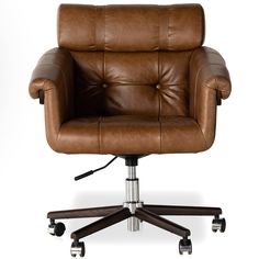 a brown leather office chair sitting on top of a metal base