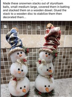 two snowmen are standing next to each other in front of a tile wall and the caption reads, made these snowmen sticks out of sytroon balls, small - medium - medium - sized