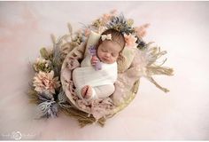 a newborn baby is wrapped in a blanket and surrounded by flowers on a pink background