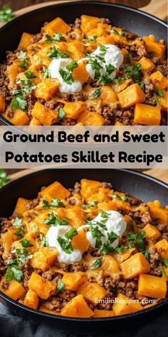 ground beef and sweet potatoes skillet recipe in two pans with sour cream on top