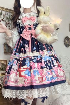 Fabric: Polyester Color: Black/Pink Feature: Print, Ruffle, Bowknot Style: Sweet Include: Dress*1 (Any of the accessory is not included.) Size (IN) Bust Waist Y2k Cartoon, Shoulder Strap Dress, Punk Dress, Lace Ball Gowns, Pink Doll, Next Clothes, Sweet Lolita, Lolita Dress, Lolita Fashion