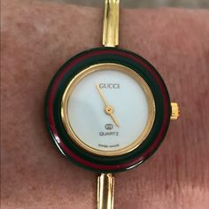 Gucci Interchangeable Bezel Watch Vintage.          New Battery Gucci Gold Watch, Gucci Box, Bezel Watch, Accessory Inspo, Bangle Watches, Gucci Watch