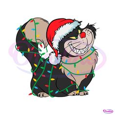 a cartoon cat wearing a santa hat and stringing around its neck with christmas lights on it