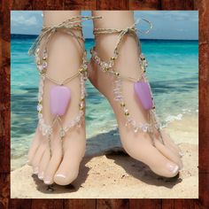 These handmade barefoot sandals are truly one of a kind! They are made from soft, natural hemp knotted with frosted quartz gemstone beads, crystal beads, and gold-colored metal beads. The centerpiece ornaments are made with frosted lavender glass. The toe strap and ankle ties are braided for extra durability. These sandals have long 20-inch long ties with beads at the ends. The ties wrap around the ankle and can be adjusted to fit all adult sizes. These woven barefoot sandals are one-of-a kind a Adjustable Barefoot Sandals For Summer Beach, Adjustable Summer Barefoot Sandals For Beach Season, Adjustable Barefoot Sandals For Beach Season, Handmade Bohemian Barefoot Sandals For Beach Wedding, Pink Summer Festival Anklets, Beaded Toe Ring Barefoot Sandals For Beach, Adjustable Ankle Wrap Barefoot Sandals For Beach, Adjustable Open Toe Barefoot Sandals For Beach, Adjustable Barefoot Sandals For Beach Season Gift