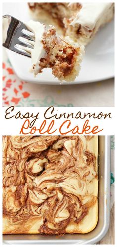 an easy cinnamon roll cake with cream cheese frosting on top is shown in this collage