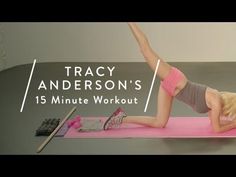 a woman doing yoga on a pink mat with the words tracy anderson's 15 minute workout