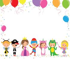 a group of children in costumes with balloons and confetti